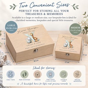The image is a product advertisement for a wooden keepsake box, featuring two sizes: a large and a medium. The advertisement highlights the box's ability to store all one's treasures and memories, and provides dimensions for each size. It also lists the box's features, such as being ideal for storing first toys, baby keepsakes, photos, letters, and special memories. The advertisement avoids redundancy and uses clear, concise language to describe the product.