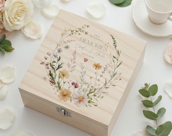 Personlig trälåda för bröllop, minnesgåva, mild blomdesign för par