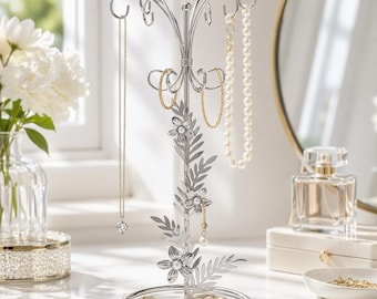 Porte-bijoux en métal argenté de style vintage, avec des marguerites de 22,5 cm de haut