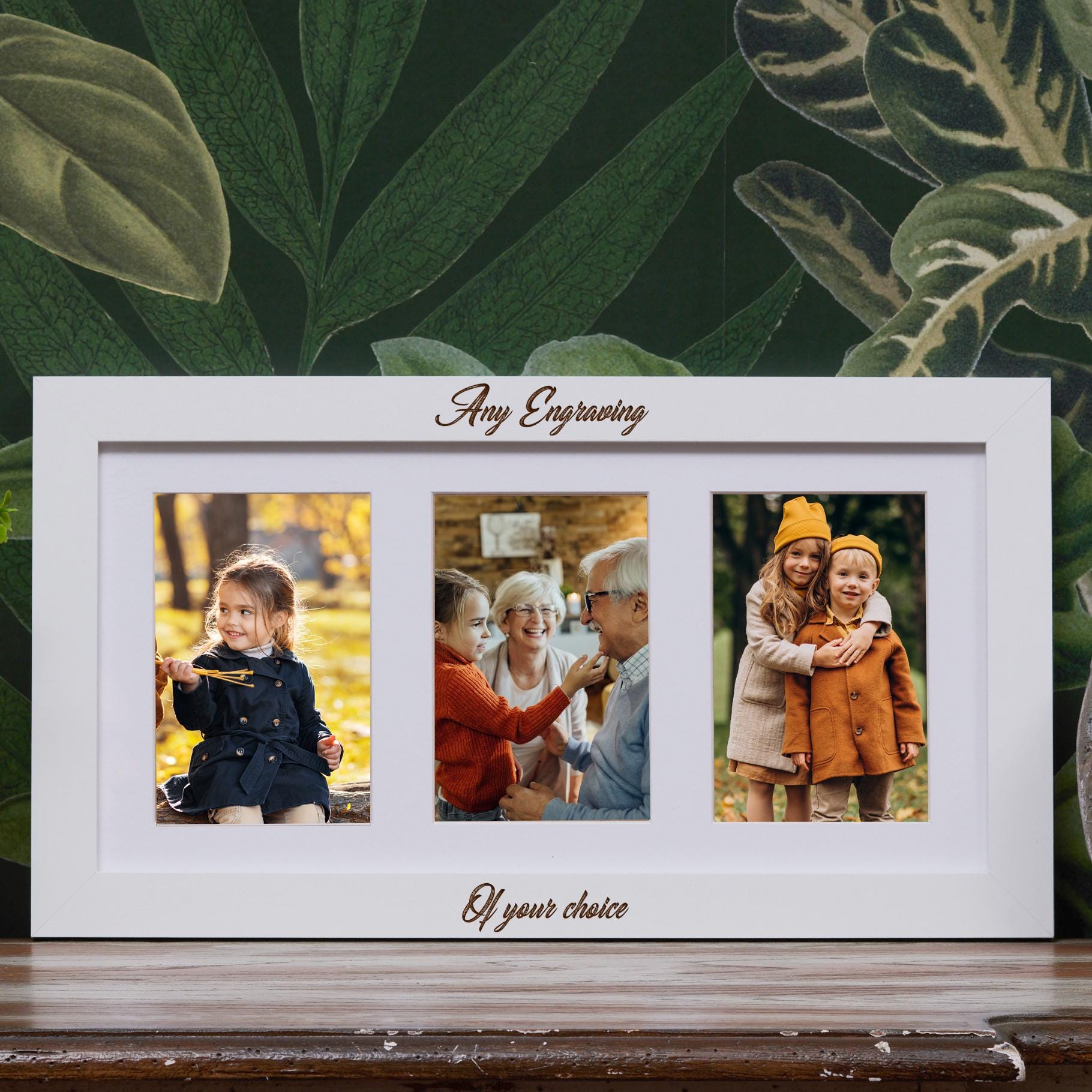 Personalised White Wooden Triple Photo 6 x 4 Frame Custom Engraved Message
