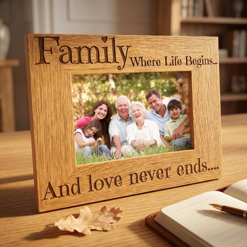 A wooden picture frame with a family photo inside, accompanied by the text "Family Where Life Begins... And love never ends..." on the frame.