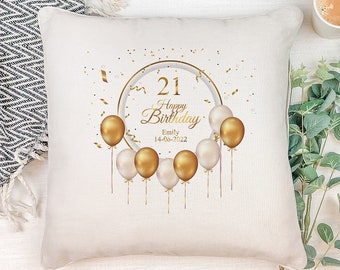 Personalised 21st Birthday Cushion Gift With Golden Balloons