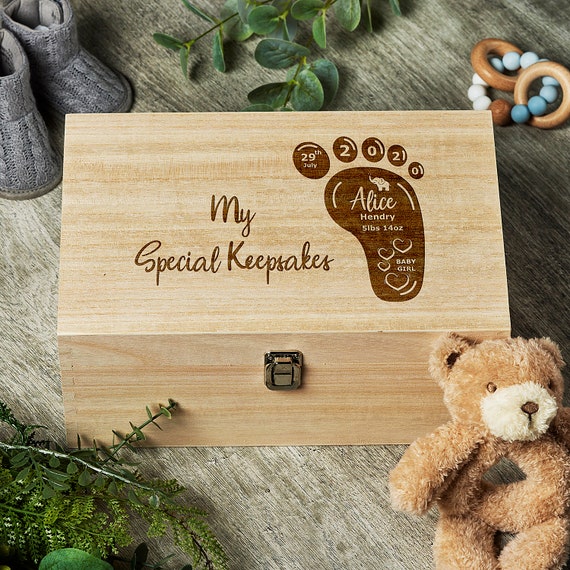 Personalised Baby Gift Wooden Keepsake Box Engraved With Foot Design