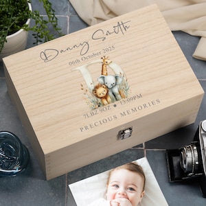 Personalised Wooden Baby Memory Keepsake Box With Animal Alphabet Large