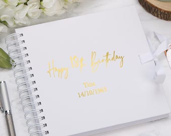Álbum de recortes, livro de visitas ou álbum de fotos personalizado para qualquer idade, presente de aniversário branco, 16, 18, 21, 30, 40, 50, 60, 70, 80 anos