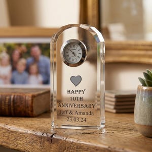 Personalised 10th Wedding Anniversary Crystal Glass Clock Gift