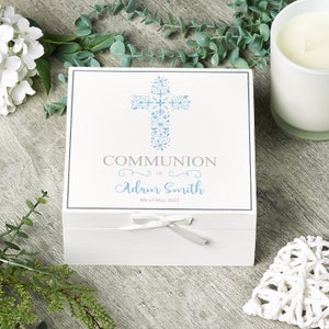 Personalised Communion Day Vintage Wooden Box Gift With Blue Cross