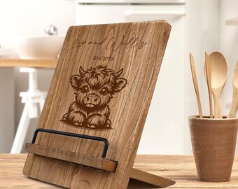 Personalised Any Name Recipe Book Or Tablet Stand For Kitchen Gift Birthday Christmas New Home Featuring a Highland Cow