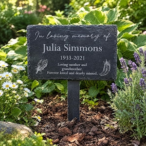 Loving Memory, Feathers Design Slate Marker | Natural Garden Plaque - 15Cm X 10Cm, 20Cm Stake
