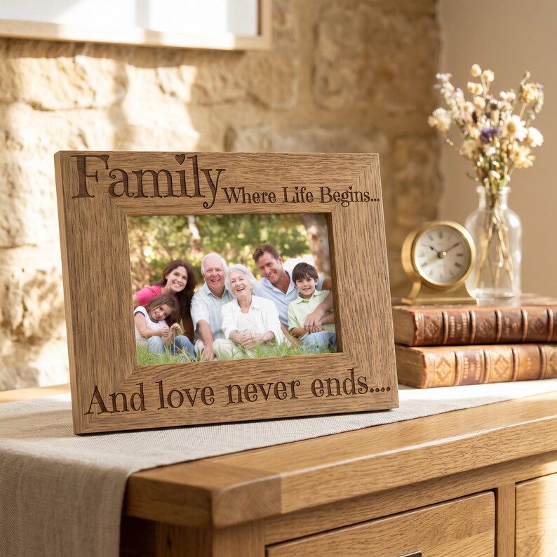 A wooden picture frame with a family photo inside, placed on a wooden table. The frame has a message engraved on it that says "Family Where Life Begins... And love never ends..."