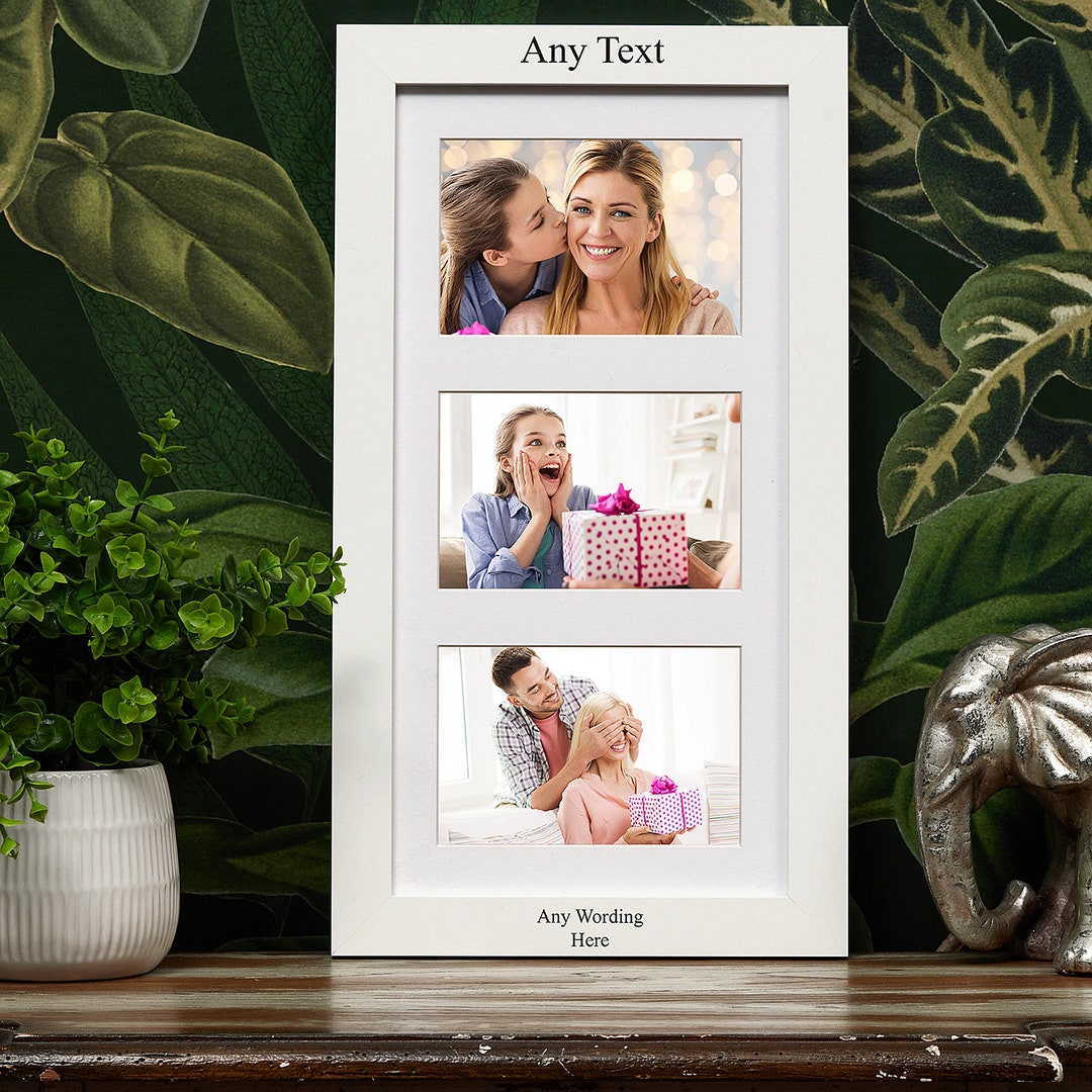 Personalised White Wooden Triple Photo 6 X 4 Frame Custom Message ...