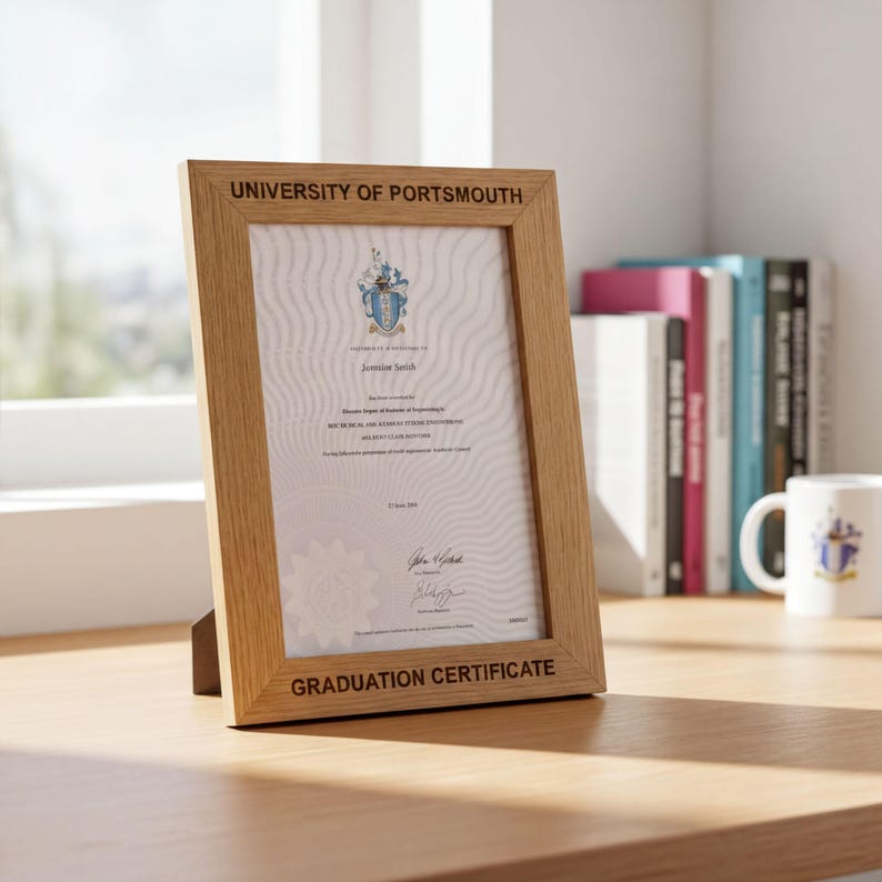 A wooden frame holds a graduation certificate on a desk, with books and a mug visible in the background.