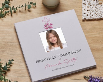 Personalised Communion Photo Album Linen Cover With Pink Cross