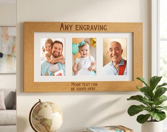 Personalised Wooden Triple Photo 6 x 4 Frame Custom Engraved Any Message In Bold Text