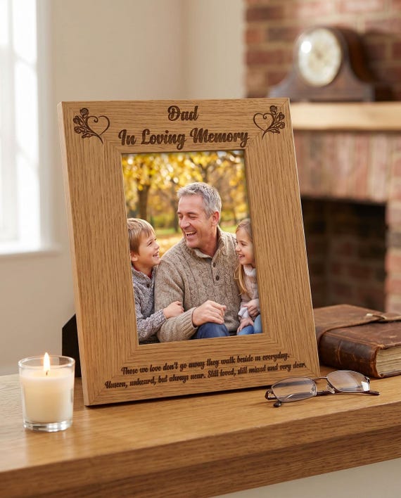 Dad In Loving, Memorial Portrait - Oak Wood Frame | Engraved Tribute | Photo Insert