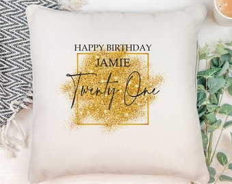 Personalised 21st Birthday Gift Cushion Gold Sparkles Design