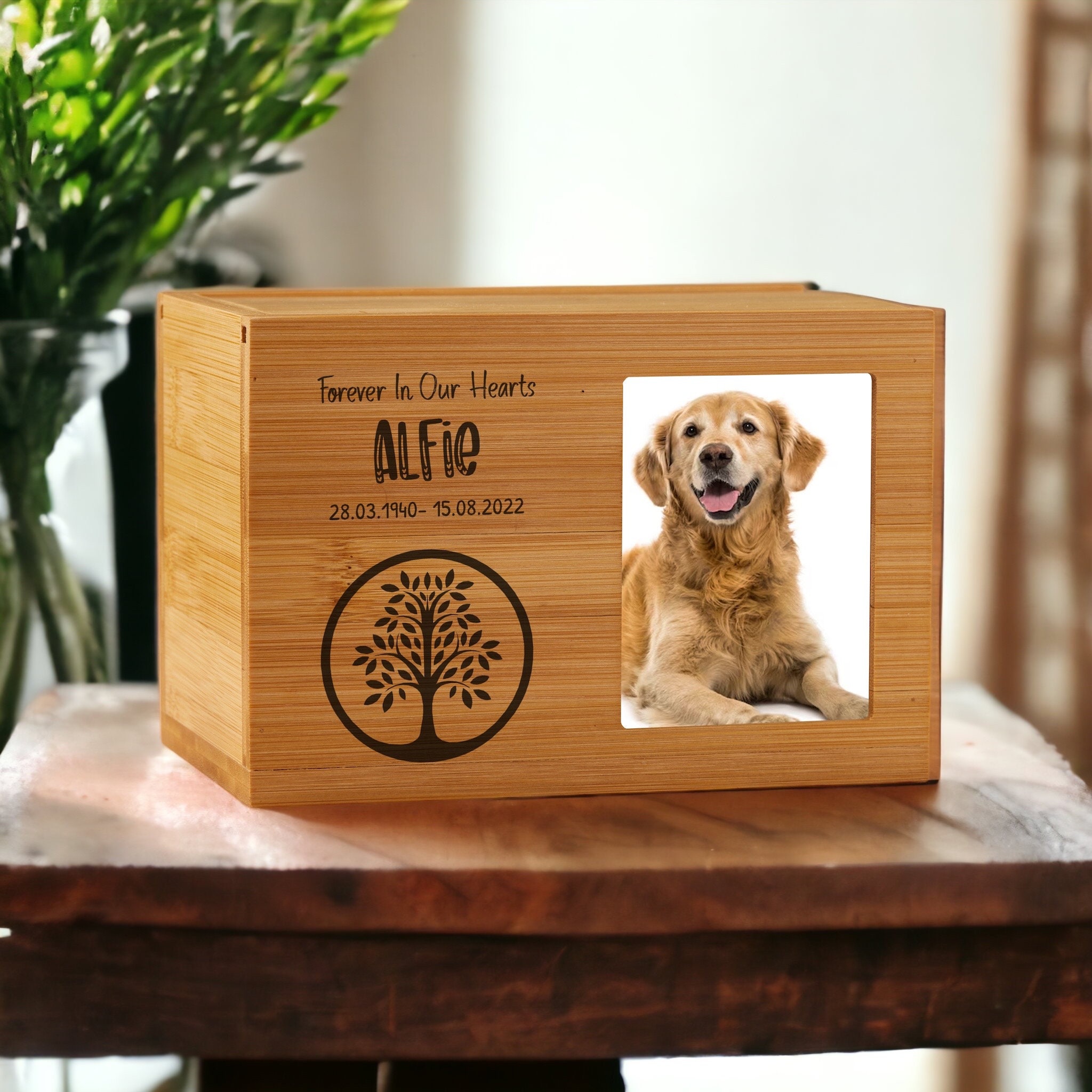 Personalised Wooden Pet Memorial Cremation Urn with Photo Tree Of Life