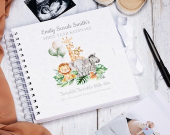 Personalised Baby's First Year Keepsake Journal Milestones and Memories With Jungle Safari Scene