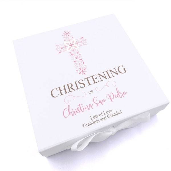 Personalised Christening pink  Ornate Cross Design Keepsake Memory Box