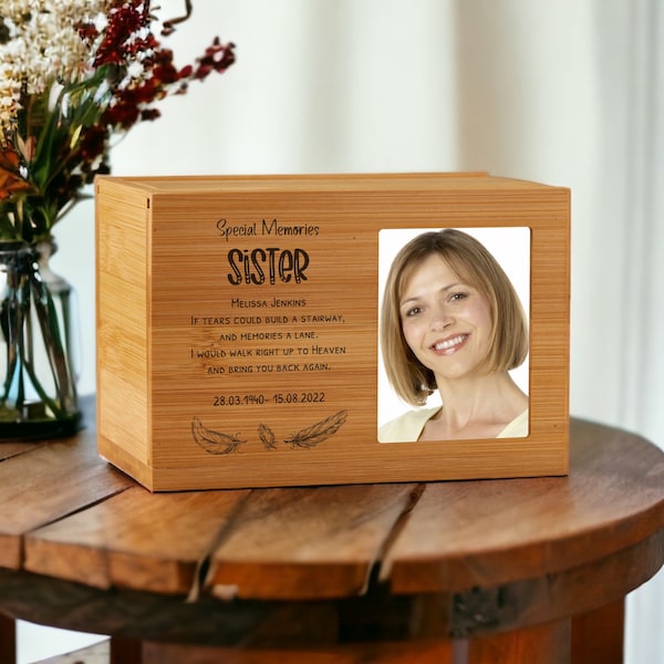 Personalised Small Wooden Sister Memorial Cremation Urn with Photo Space