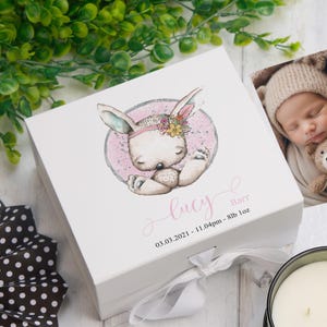 Personalised Baby Girl Gift Keepsake Memory Box Sitting Rabbit