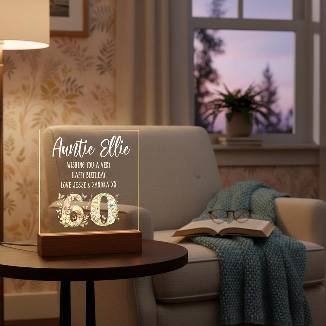 Personalised 60th Birthday Gift for Her LED Light With Flowers and ...