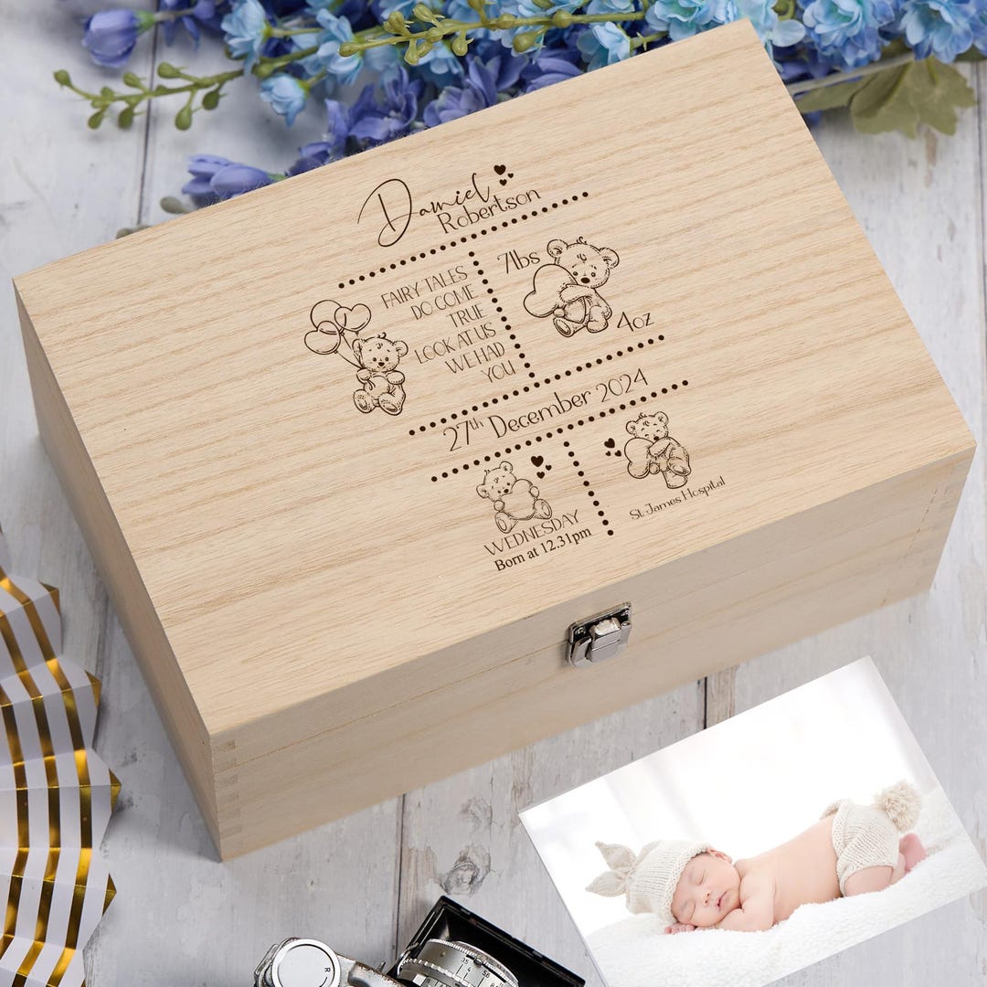 Personalised Teddy Memory Baby Keepsake Box Gift With Birth Details - Etsy