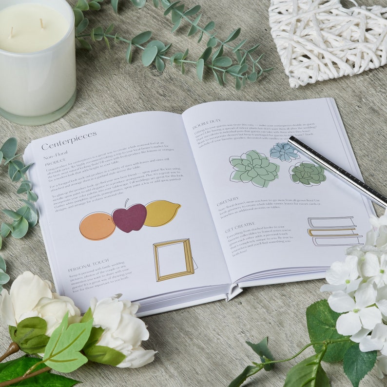 Puede incluir: Libro abierto con p&aacute;ginas blancas y texto negro. El libro se titula "Centerpieces" y "Double Duty". El libro tiene ilustraciones de fruta, suculentas y un marco de fotos.