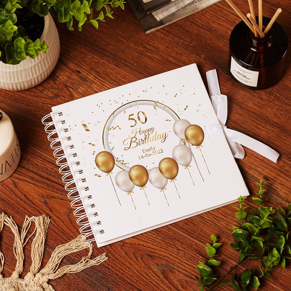 Personalised 50th Birthday Guest Book Scrapbook or Album Gold Balloons