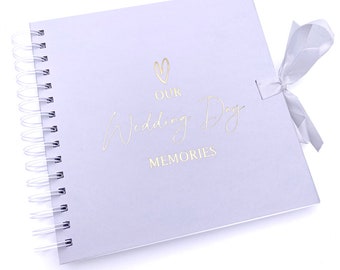 Our Wedding Day Memories White Scrapbook, Photo Album or Guest Book Gold Print