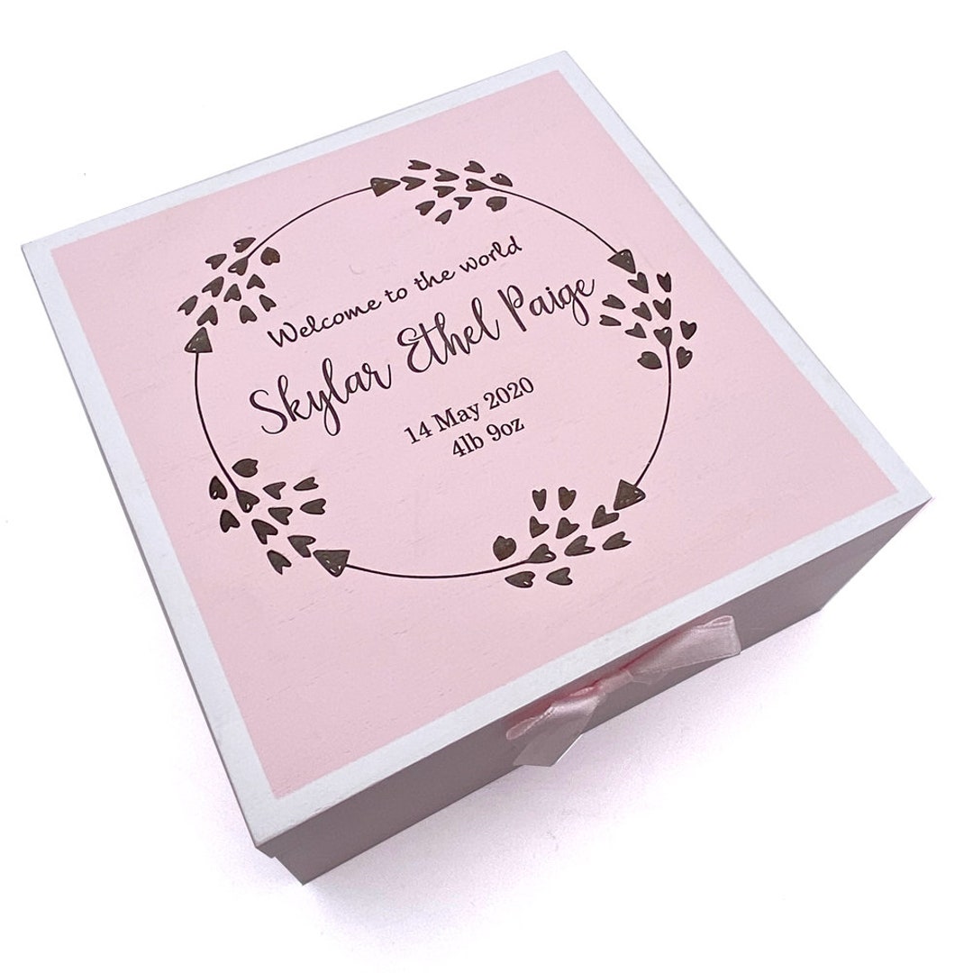 Personalised Baby Girl Pink Wooden Memories Keepsake Box Heart Wreath ...
