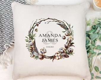 Personalised Wedding Cushion Gift with Watercolour Rustic Cotton Design