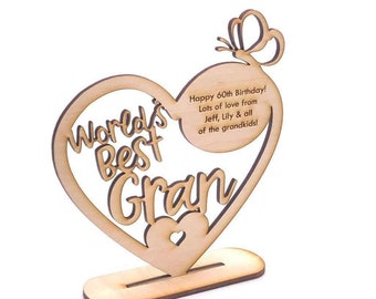 Personalised Wooden Freestanding Heart Gift For Gran With Message