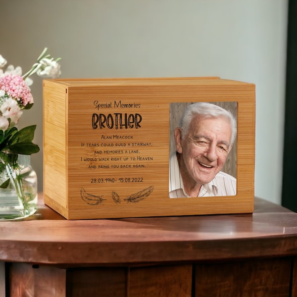Personalised Small Wooden Brother Memorial Cremation Urn with Photo Space