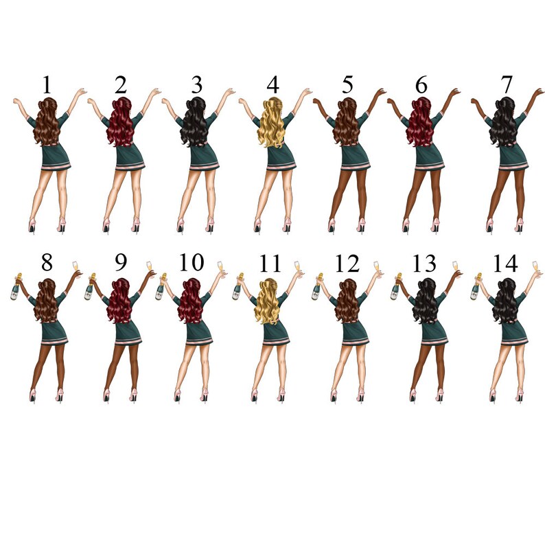 Pu&ograve; includere: Illustrazione di 14 donne in abiti verdi con diversi colori di capelli, che tengono bicchieri di champagne. Le donne sono numerate da 1 a 14.