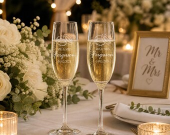 Wedding Champagne Flutes | Personalised Engraved Glass Set | Ring Emblem | Bespoke Toasting