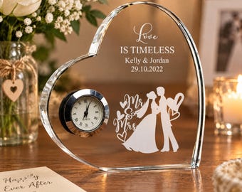 Engraved Heart Crystal Glass Clock Wedding Gift Or Wedding Present  Gift