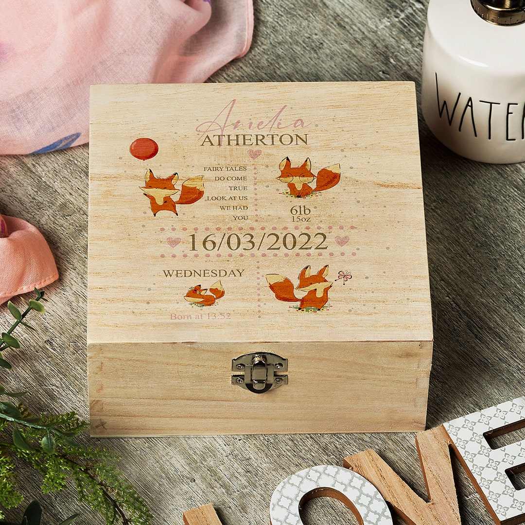 Personalised Baby Girl Keepsake Wooden Box With Fox and Birth Details ...