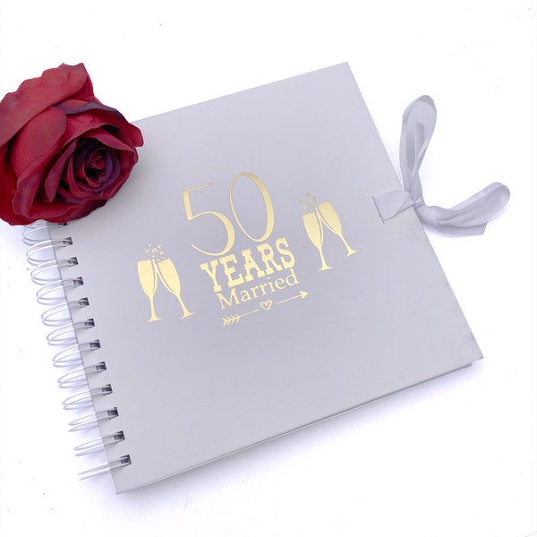 50th Golden Anniversary White Scrapbook Guest Book Photo album Gold Script