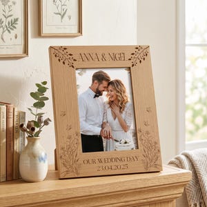 Personalised Wooden Engraved Photo Frames Wedding Any Message Multiple Sizes With Wildflowers