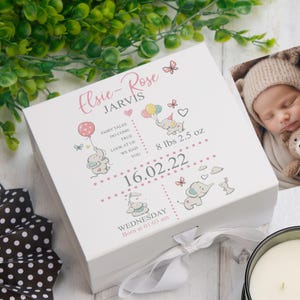Caja de recuerdos personalizada con diseño de elefantes para bebé niña Large