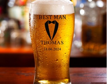 Personalised Traditional Wedding Beer Glass With Tuxedo