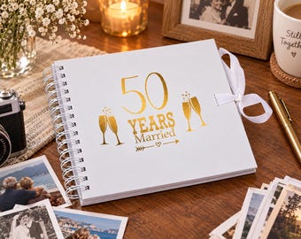50th Anniversary White Scrapbook Guest Book Photo Album, Kraft | 8X8 Inch