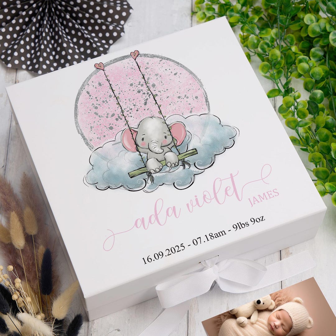 Personalised Baby Girl Gift Keepsake Memory Box Elephant on Swing - Etsy UK