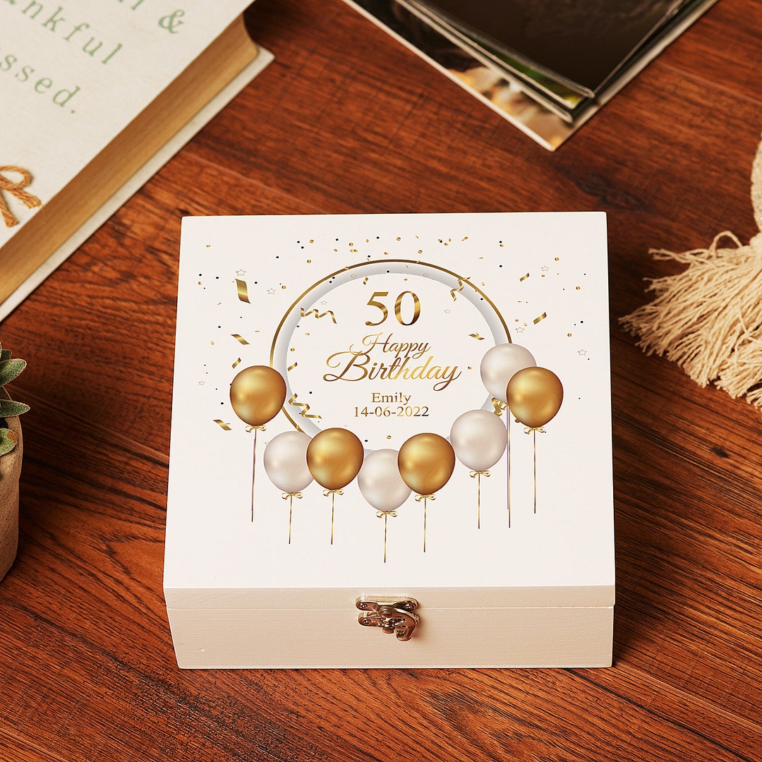 Personalised 50th Birthday Wooden Box Gift With Golden Balloons Etsy