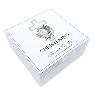 Personalised Christening Vintage Wooden Box With Green Cross