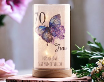 Personalised 70th Birthday Butterfly Gift Night Lamp With Wood Base