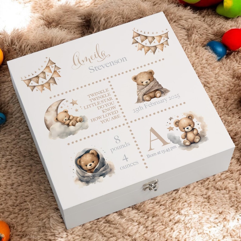 Personalised Baby Memory Keepsake Box With Cute Teddy Icons and Birth ...