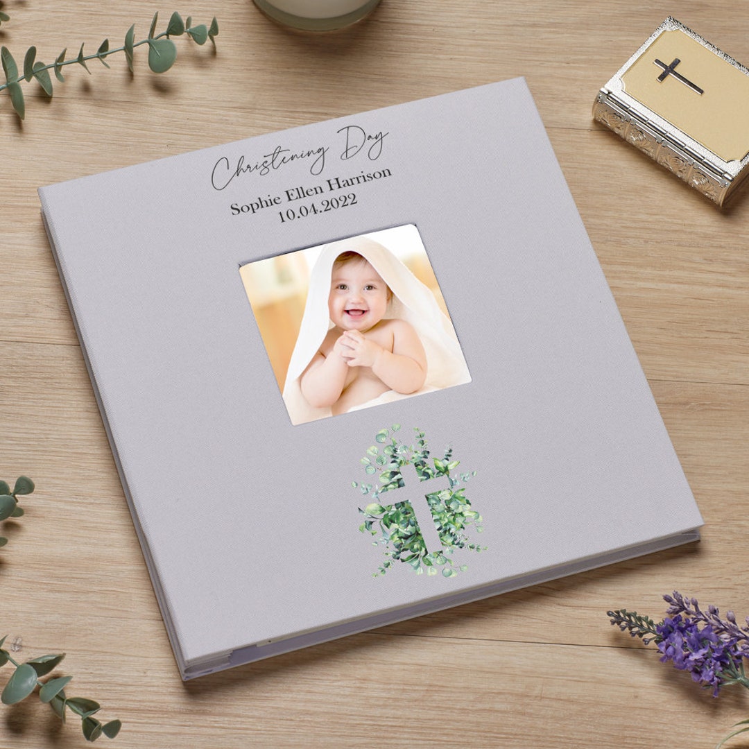 Personalised Christening Day Photo Album Linen Cover Leaf and Cross