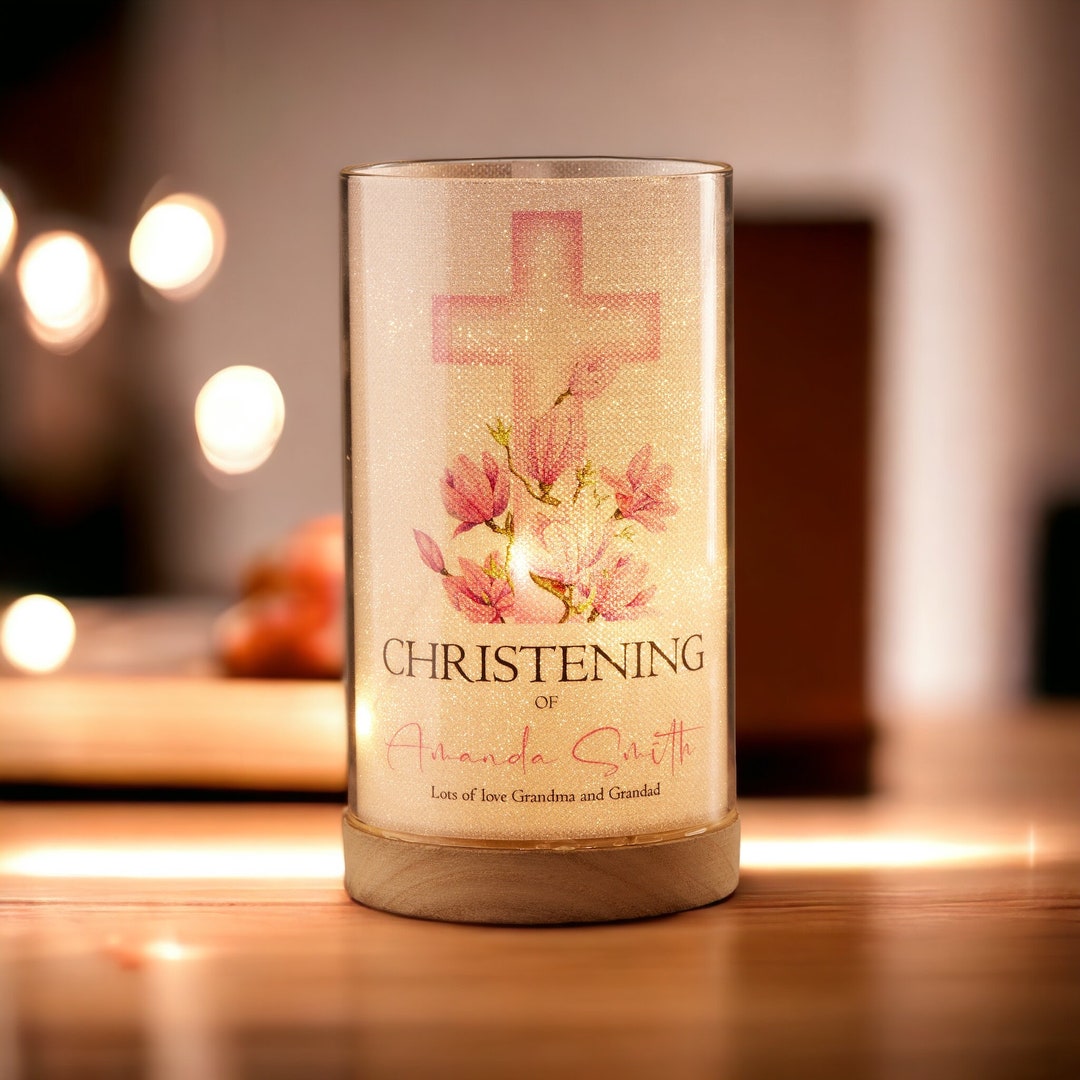 Personalised Christening Lamp Light up Gift With Floral Pink Cross Etsy